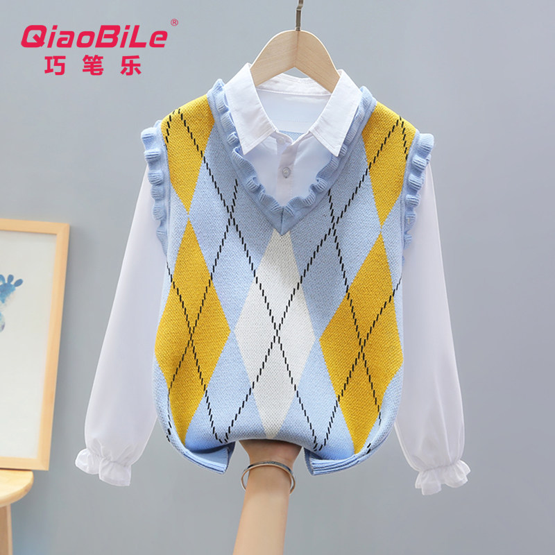 2023秋季新款女童假两件毛衣中大童背心儿童套装薄款女孩全棉线衣