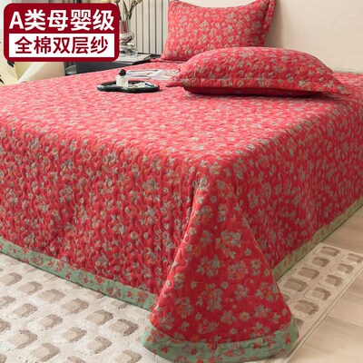 高级感全棉双层纱夹棉床单单件加厚纯棉榻榻米床垫床盖枕套三件套