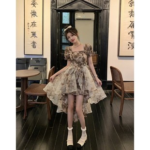 法式复古拖尾连衣裙2023新款女公小个子主甜美夏日清单短裤两件套