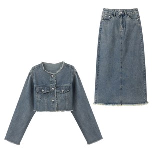 春秋冬冷淡系高级感轻熟风小个子穿搭港味复古牛仔半身裙套装女