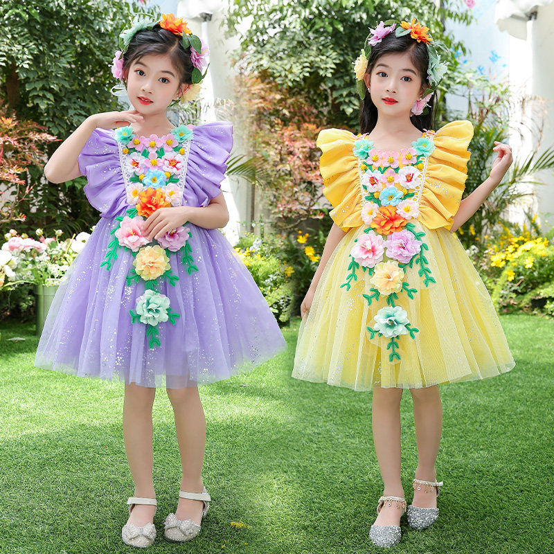 花仙子公主裙短款舞台演出服成人唱歌舞蹈服装女童合唱礼服蓬蓬裙