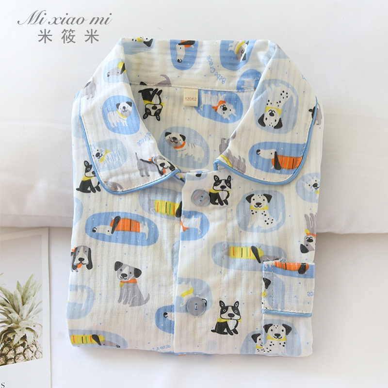 儿童春秋薄款纯棉纱布睡衣男童可爱小狗防蚊服宝宝夏空调服家居服