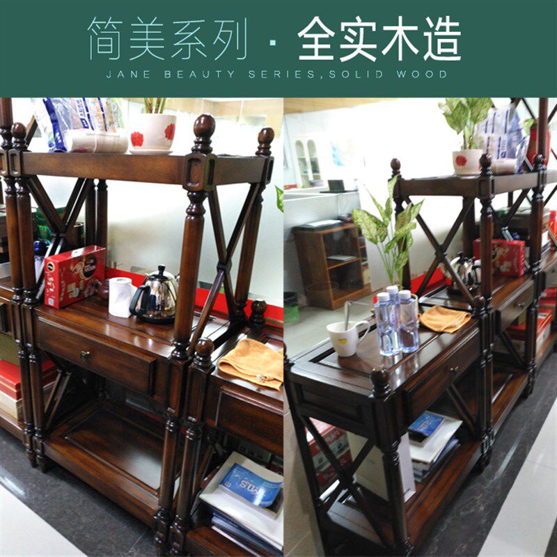 美式多层置物架实木客厅置物架落地书架原木装饰架欧式玄关陈列架