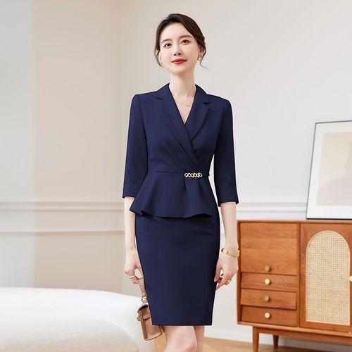 柏易兰高级西装裙连衣裙女秋气质女神范设计感职业装假两件工作服