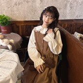 背心裙木耳边收腰咖啡色中长款 春季 森系复古灯芯绒无袖 显瘦长裙