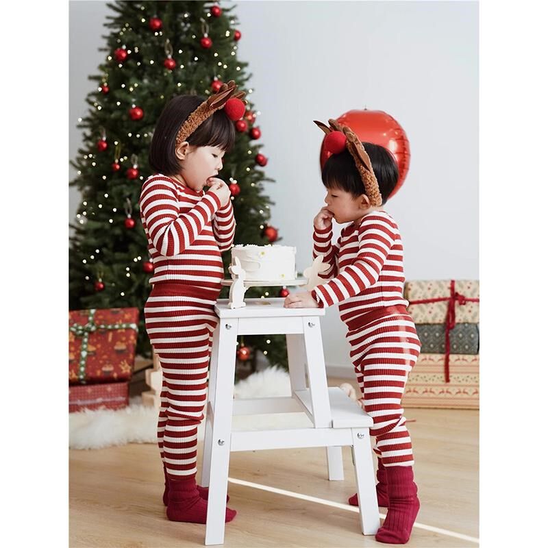 女童圣诞穿搭红色条纹睡衣套装秋冬儿童宝宝家居服男童秋衣秋裤冬