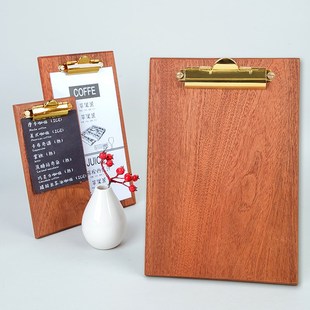 画板写字垫板活页夹A4A5菜单夹立式黑胡桃实木质黄铜咖啡店展示牌