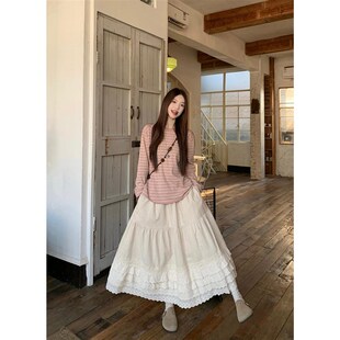 套装 羊毛保暖针织开衫 时尚 新款 条纹T恤上衣花边半身裙女2024冬季