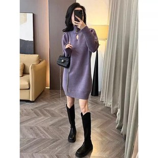 高级感超好看红色亮丝针织连衣裙女秋冬季小个子内搭打底毛衣裙子