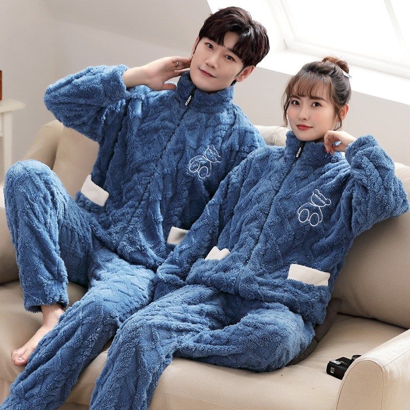 秋冬季珊瑚绒情侣睡衣女加厚加绒法兰绒冬开衫男家居服套装加大码