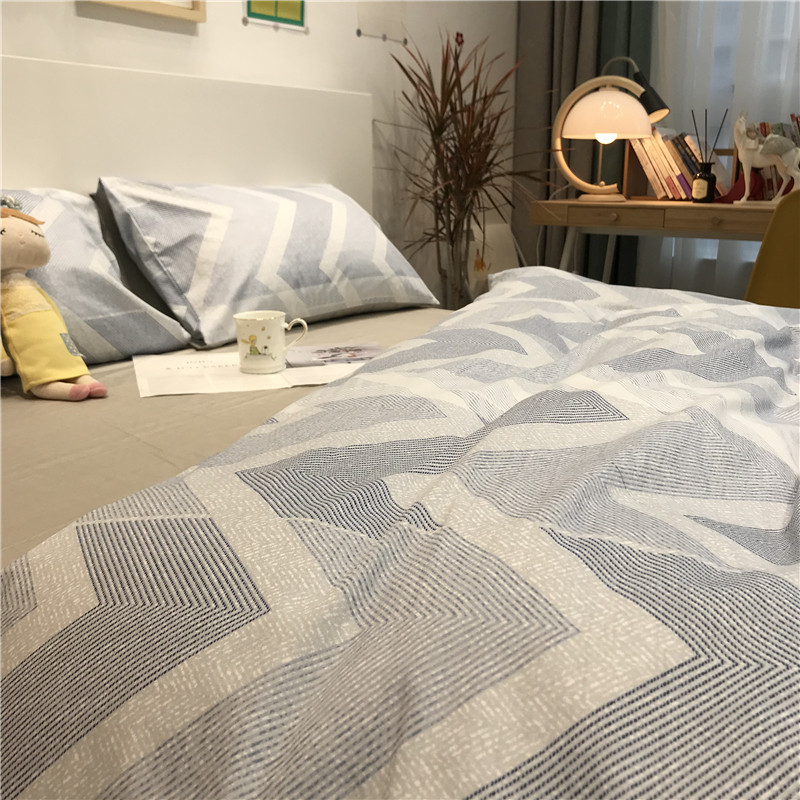 北欧简约条纹男士床上四件套全棉纯棉被套蓝色1.5m学生公寓三件套