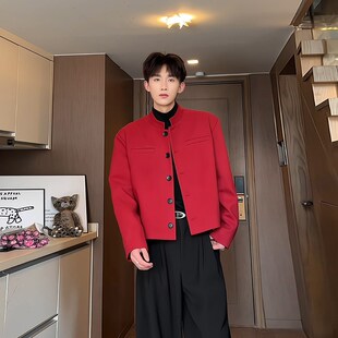 安可拉红毛呢西装外套男士老钱风穿搭短款夹克秋冬新中式西服套装