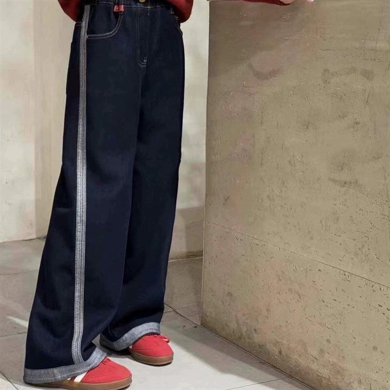 女童加绒阔腿牛仔裤秋冬休闲长卫裤一体绒男童宽松百搭童装直筒潮