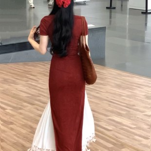 她来了复古馆暗花纹酒红色年会结婚过年旗袍中国风气质修身 连衣裙