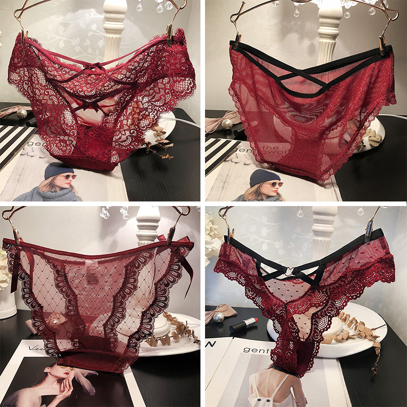 红色性感蕾丝内裤女士本命新年结婚大喜招财少女三角裤棉档 3送1