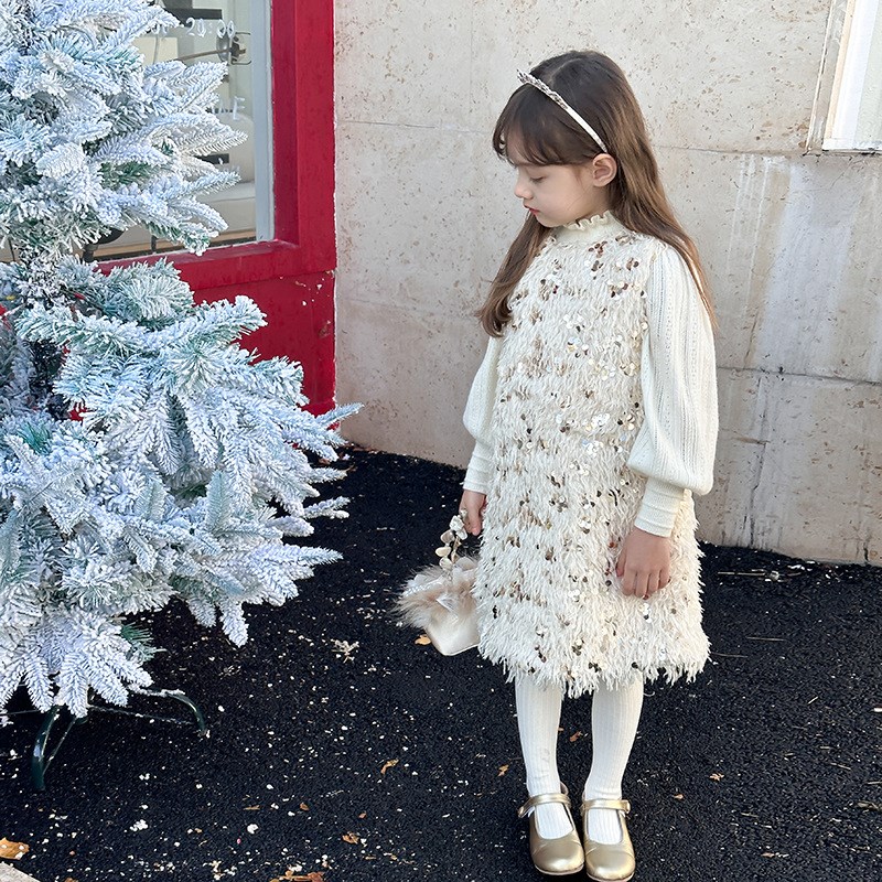 2025新品秋冬季夹棉儿童新年亮晶晶连衣裙女童公主亮片礼服背心裙