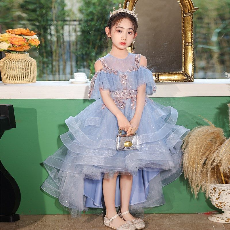 女童礼服前短后长儿童公主裙蓝色高端花童小主持人钢琴表演服夏季