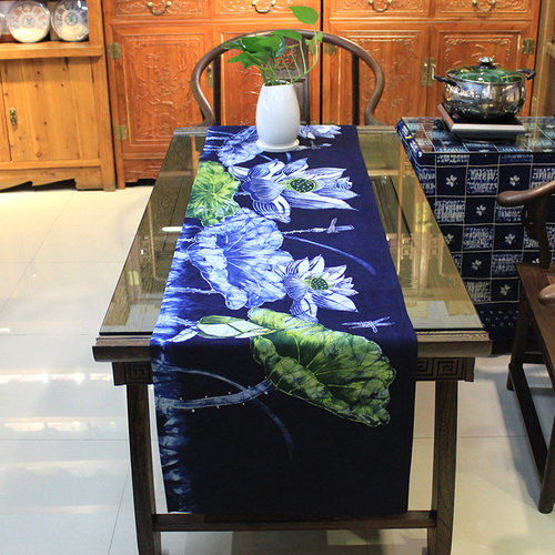 荷花桌旗长条蜡染画茶艺席中式禅意桌面装饰桌巾斗柜餐桌防尘盖布