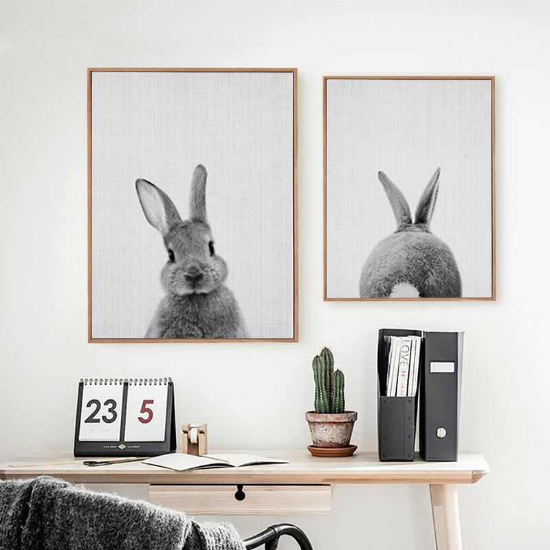 北欧装饰画小动物兔子卡通儿童房画客厅动物组合挂画卧室床头壁画图片