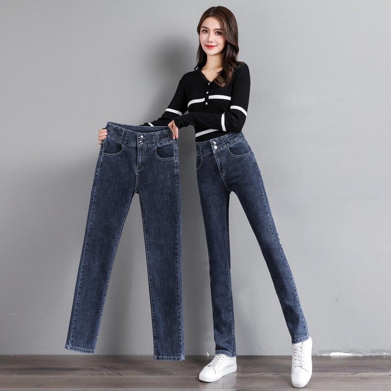 黑色加绒小直筒牛仔裤女高腰宽松显瘦2021年秋冬新款加长版女裤子