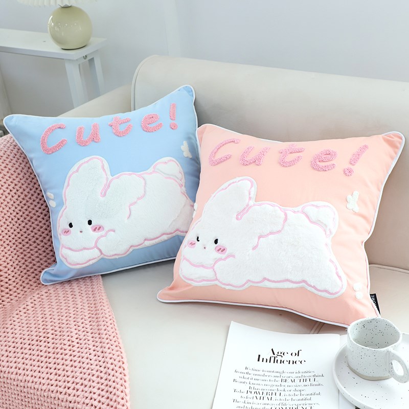 可爱花朵兔子毛绒抱枕套样板间儿童房方枕客厅沙发靠垫床上靠枕