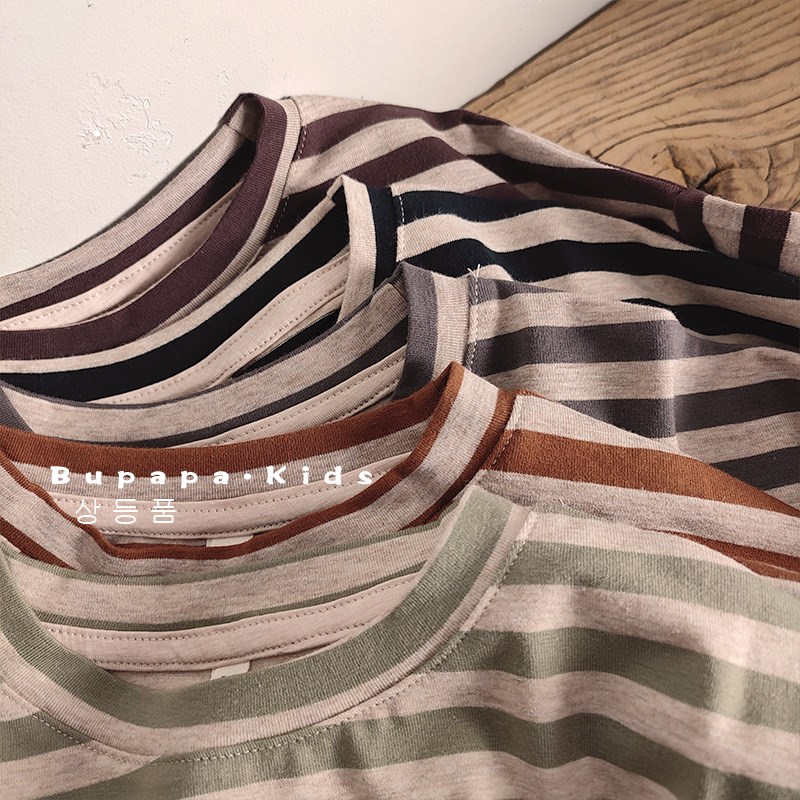 咔叽色条纹T恤 儿童复古时尚百搭长袖春装上衣男女宝宝洋气宽松棉