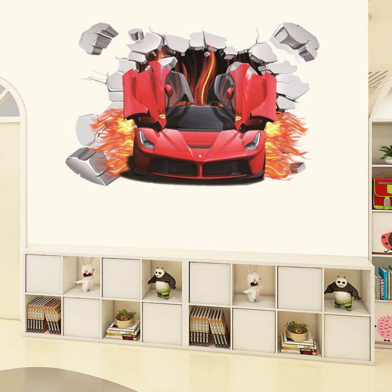 3D体穿墙汽车自粘墙贴纸创意高端跑车驾校男孩房墙面壁纸装饰贴画