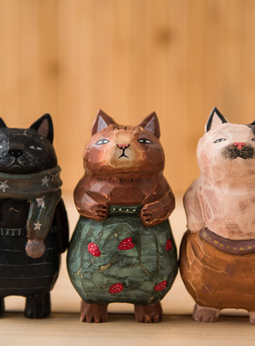 创意手工个性造型小猫木雕工艺品桌面摆件潮酷猫咪公仔生日礼物