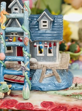 瓷蓓高温釉下彩定制手工陶瓷梯子鱼缸造景摆台件海洋水草海龟贝壳