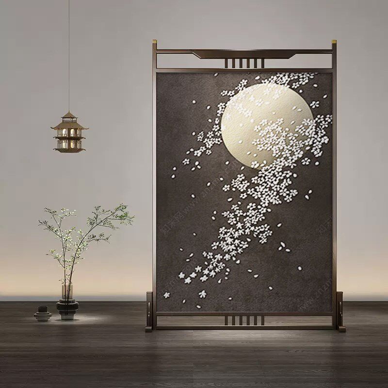 新中式月下桃花屏风隔断客厅入户玄关茶室榫卯遮挡背景墙实木座屏