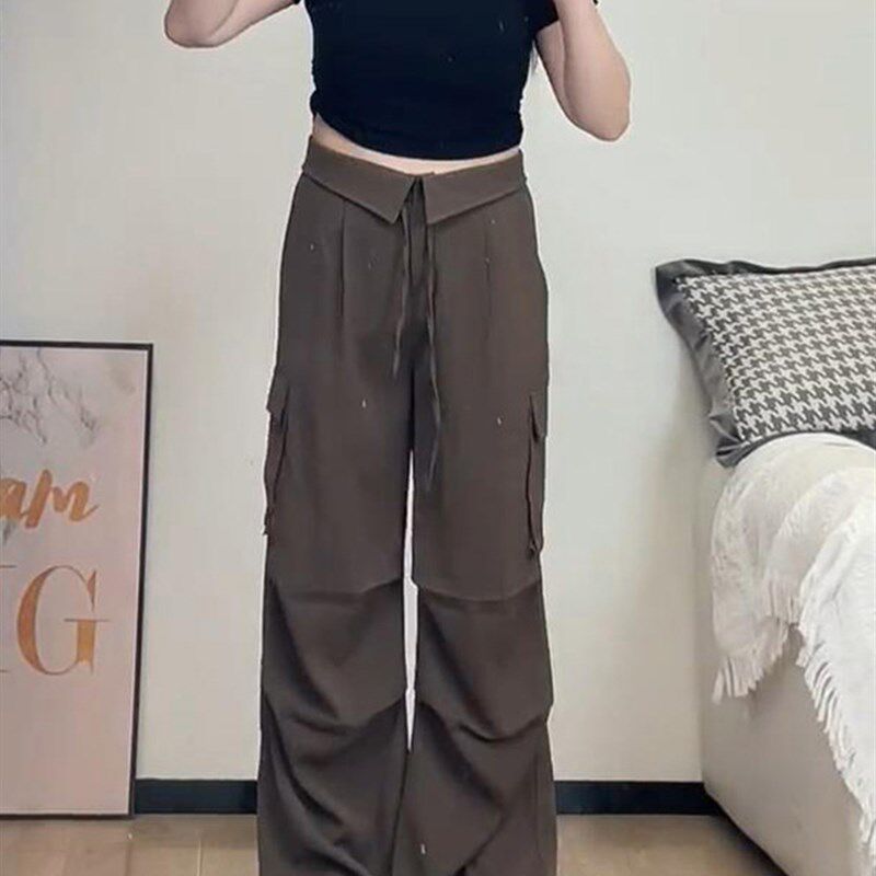 大码胖mm梨型身材棕色休闲百搭遮肚子遮胯显瘦翻边阔腿西装工装裤