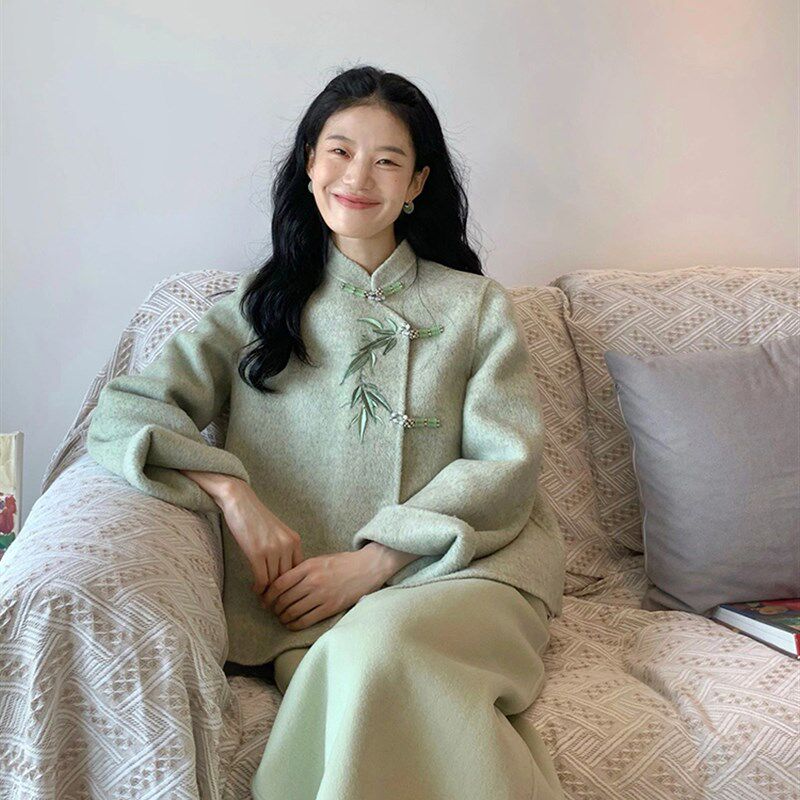 大码复古新中式国风禅意穿搭女秋装毛呢短款外套气质半身裙两件套