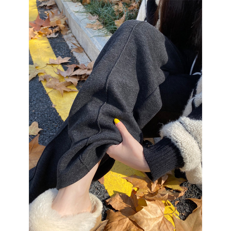 灰色羊毛呢直筒裤女秋冬高腰窄版阔腿裤休闲人字纹加绒加厚西装裤
