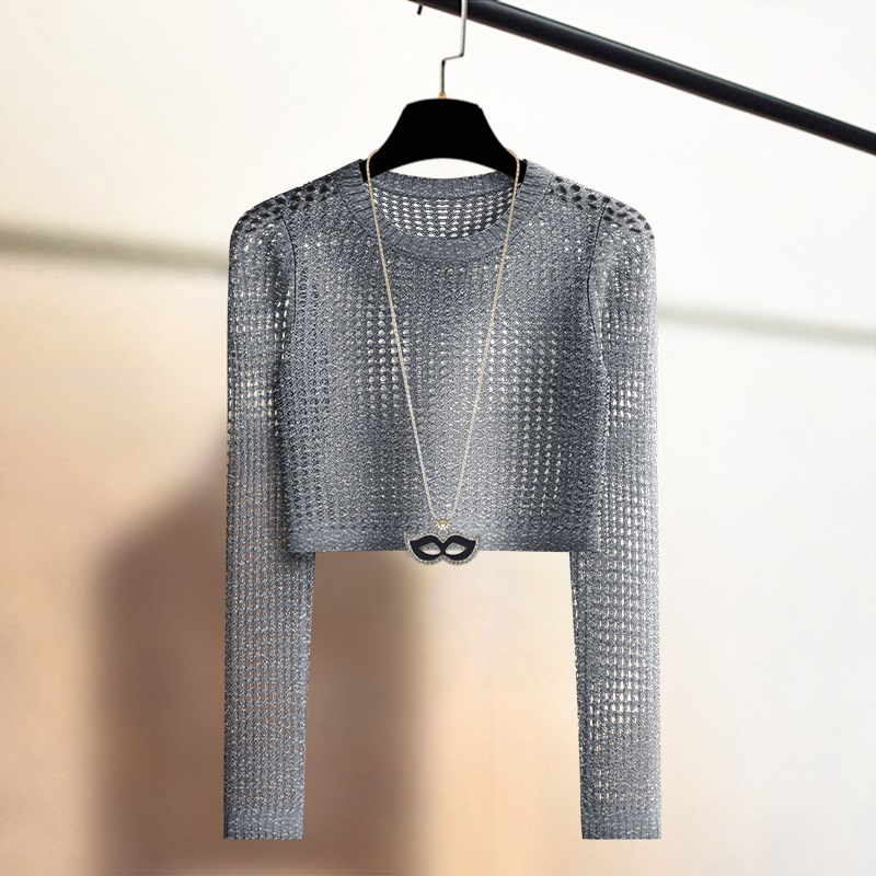 秋季镂空高腰短款长袖套头针织衫女外搭吊带配裙上衣宽松罩衫防晒