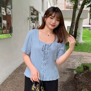 大码 遮肚绑带针织衫 显瘦上衣短袖 夏季 甜辣t恤胖mm女装 微胖女夏装