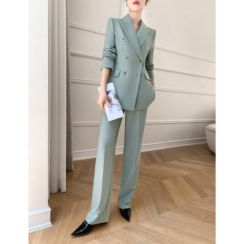绿色阔腿裤西装套装女高级感职业正装时尚气质休闲小西服外套春秋