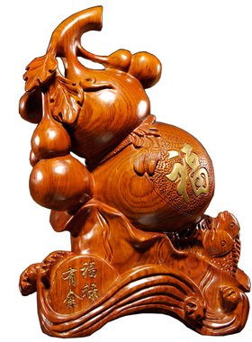花梨木雕刻福禄有鱼葫芦摆件实木质家居客厅博古架办公装饰工艺品