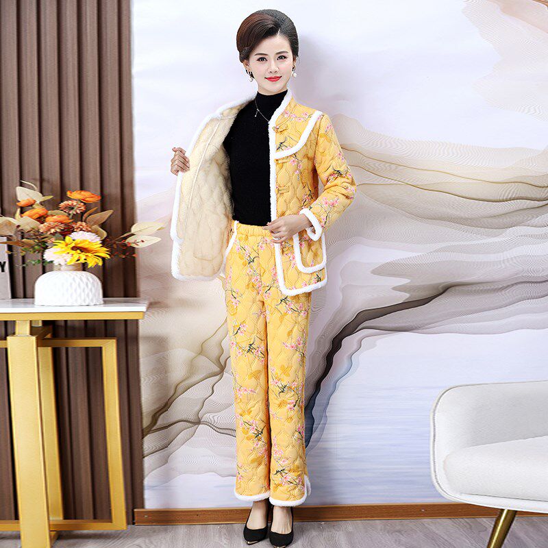 时尚洋气加绒加厚棉衣套装妈妈装宽松大码花色保暖棉服棉裤两件套