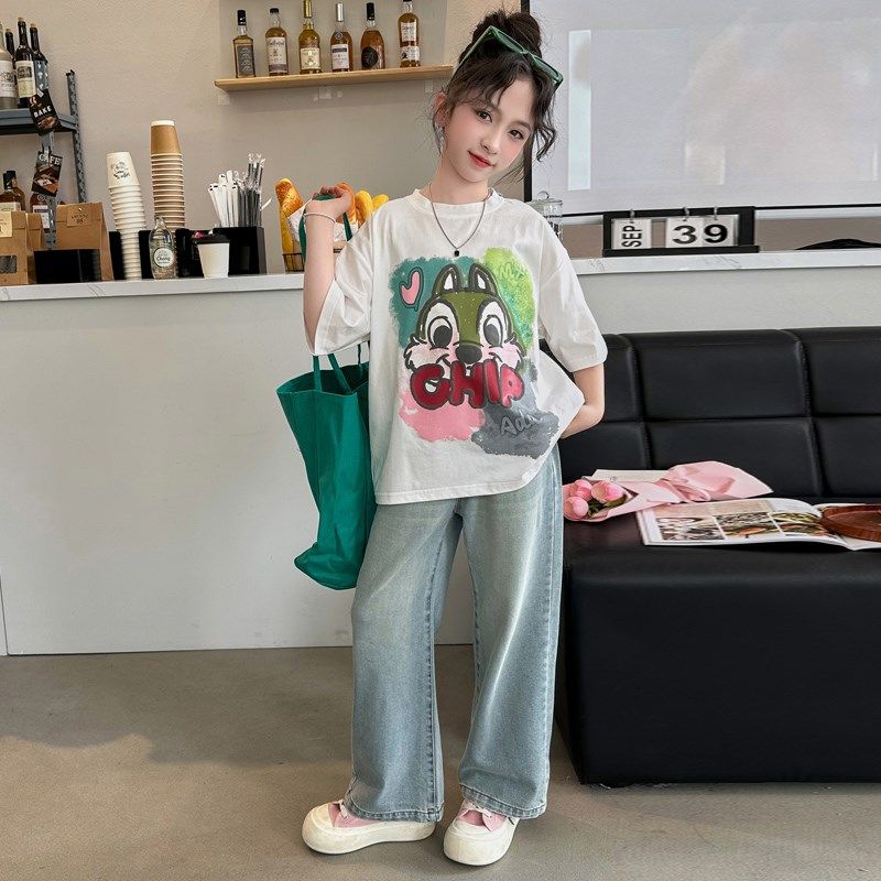 女童牛仔裤夏装2024新款儿童洋气阔腿裤中大童网红宽松薄款直筒裤