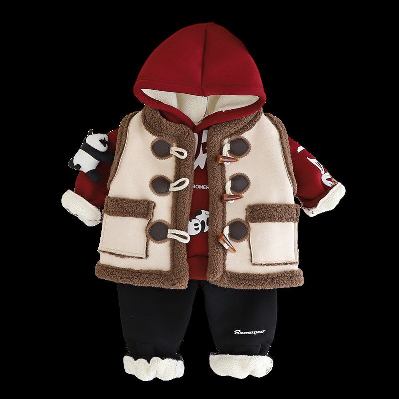 童装冬季加绒加厚三件套装2024棉服新款婴儿宝宝冬装连帽保暖棉衣