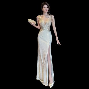 晚礼服女宴会气质轻奢小众闪亮高端大气高级感主持年会金色开叉裙