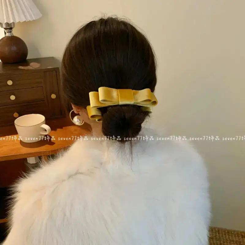 轻奢高级感丝绒双层蝴蝶结香蕉夹显头圆半扎发丸子头盘发器j