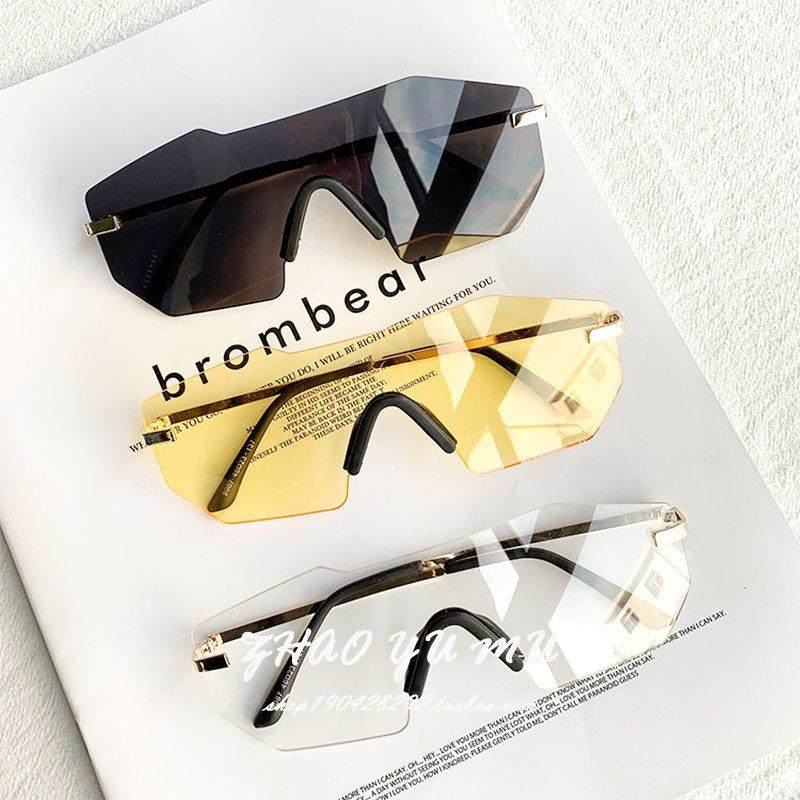 ins超火黄色眼镜欧美2021一体式无框太阳镜男女大框墨镜蛤蟆眼镜