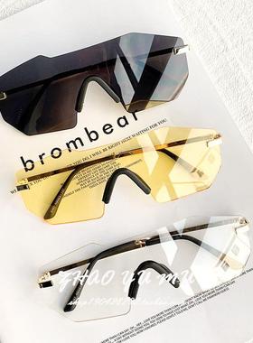 ins超火黄色眼镜欧美2021一体式无框太阳镜男女大框墨镜蛤蟆眼镜