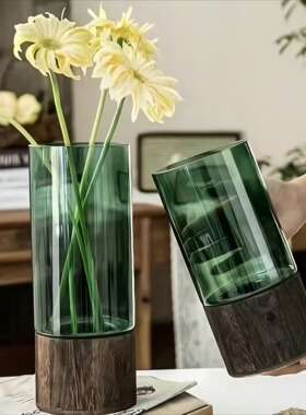 新款绿色复古木托玻璃花瓶创意直筒水培富贵竹花器装饰桌面摆件