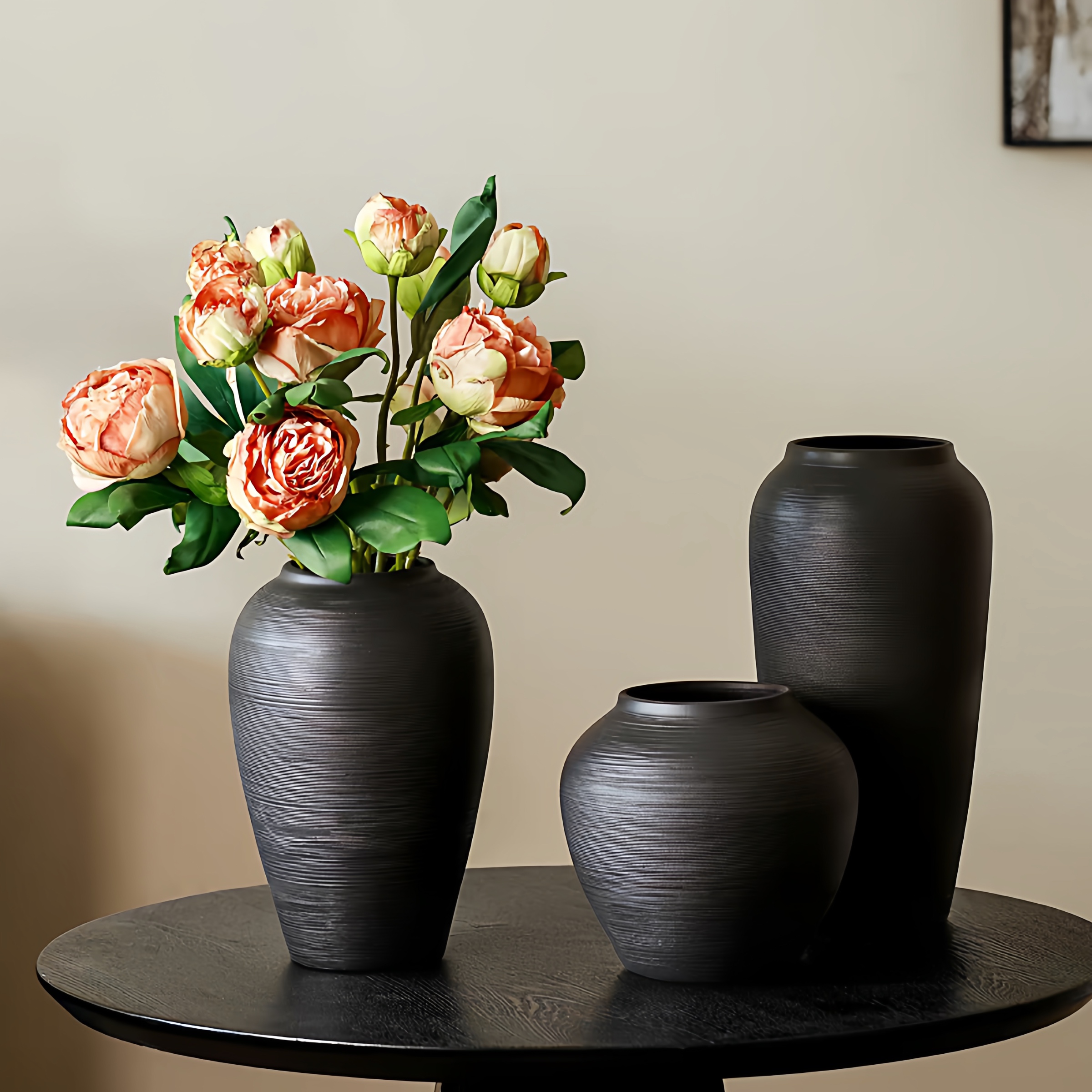 景德镇陶瓷花瓶复古禅意黑色粗陶罐干花装饰品客厅卧室台面大花器