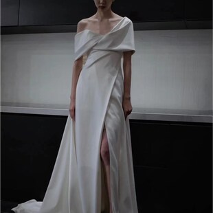 法式缎面轻婚纱2024新款夏一字肩开叉礼服拖尾新娘结婚出门纱鱼尾
