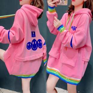 宽松加绒大码 韩版 连帽上衣 卫衣女2023春秋新款 网红设计感洋气薄款