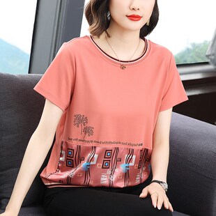 纯棉短袖t恤女洋气半袖衫2024新款中老年妈妈夏装遮肚上衣时尚t桖