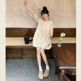 宽松显瘦短裙 娃娃裙七分袖 文艺复古圆领小个子连衣裙女夏季 韩版